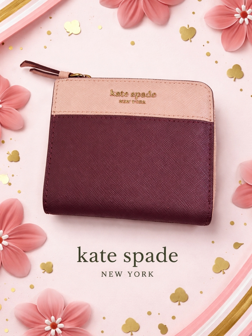 kate spade Two-Tone Blush Pink & Burgundy Zip Wallet